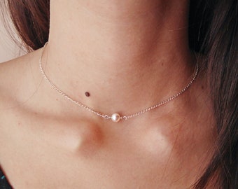 Pearl and Sterling Silver Necklace, Pearl Choker, Single Dainty Pearl Necklace, Swarovski Pearl Jewelry, Swarovski and Silver Necklace