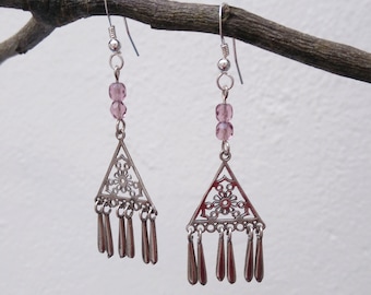 Sterling silver earrings, bohemian earrings, crystal earrings, hippie earrings, boho earrings, bohemian jewelry, pink crystal