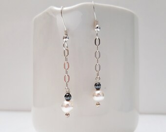 Pearl and sterling silver earrings, Swarovski pearl earrings, Silver chain earrings, Bridal earrings, Bridesmaid earrings