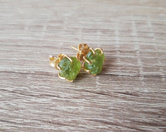 Rough peridot earrings, gemstone earrings, green stone studs, peridot jewelry, August birthstone jewelry, raw stone earrings