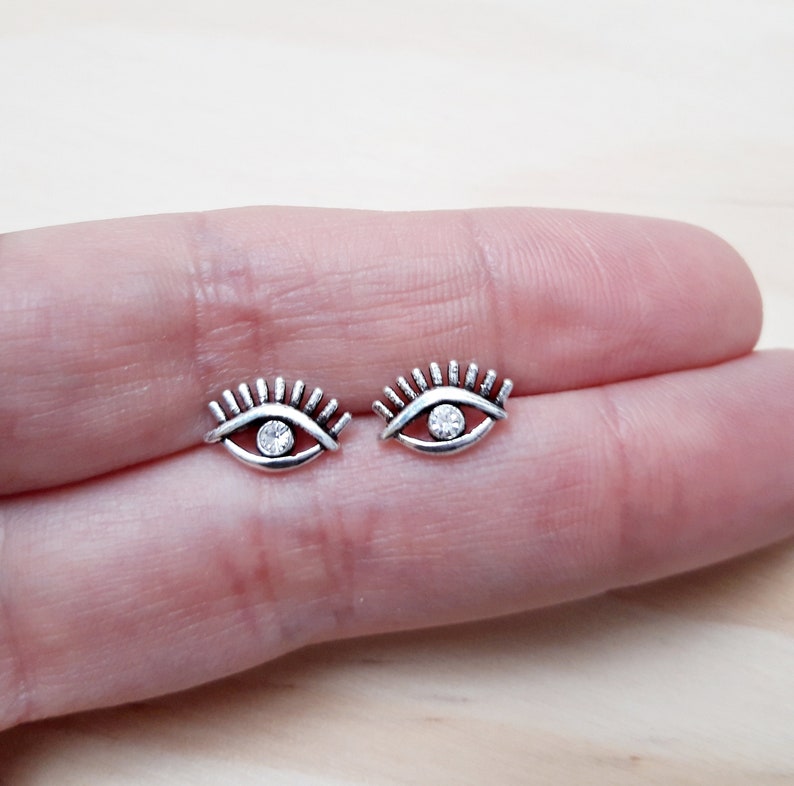minimalist silver stud for womens Tiny stud eye earrings Sterling silver eye earrings evil eye jewelry with zirconia