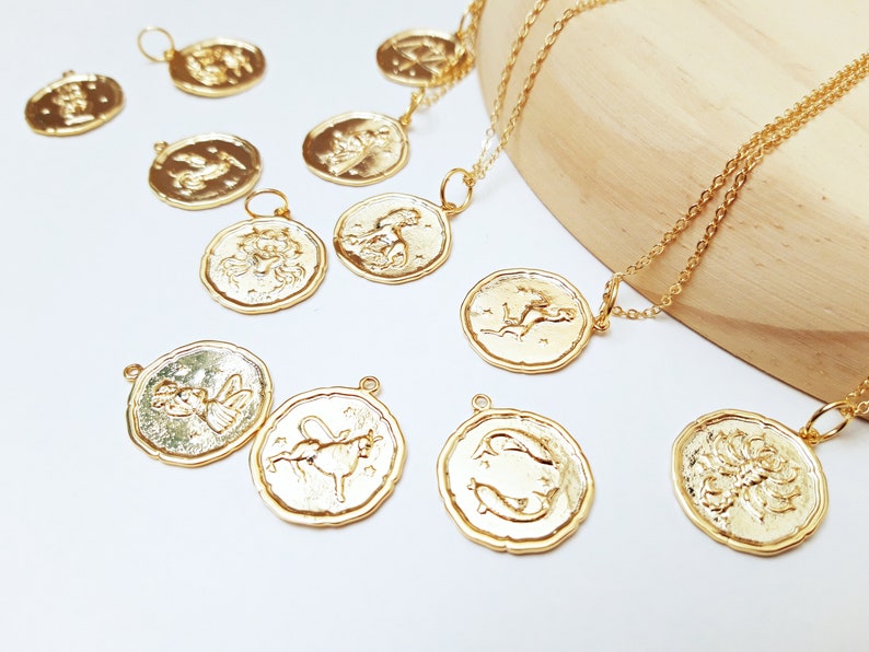 Zodiac Sign Gold Necklace Zodiac Sign Coin Pendant Dainty Etsy