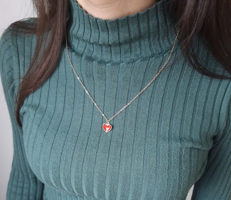 Red heart necklace, enamel heart pendant, lovers jewelry, small gold heart necklace, valentines gift image 6