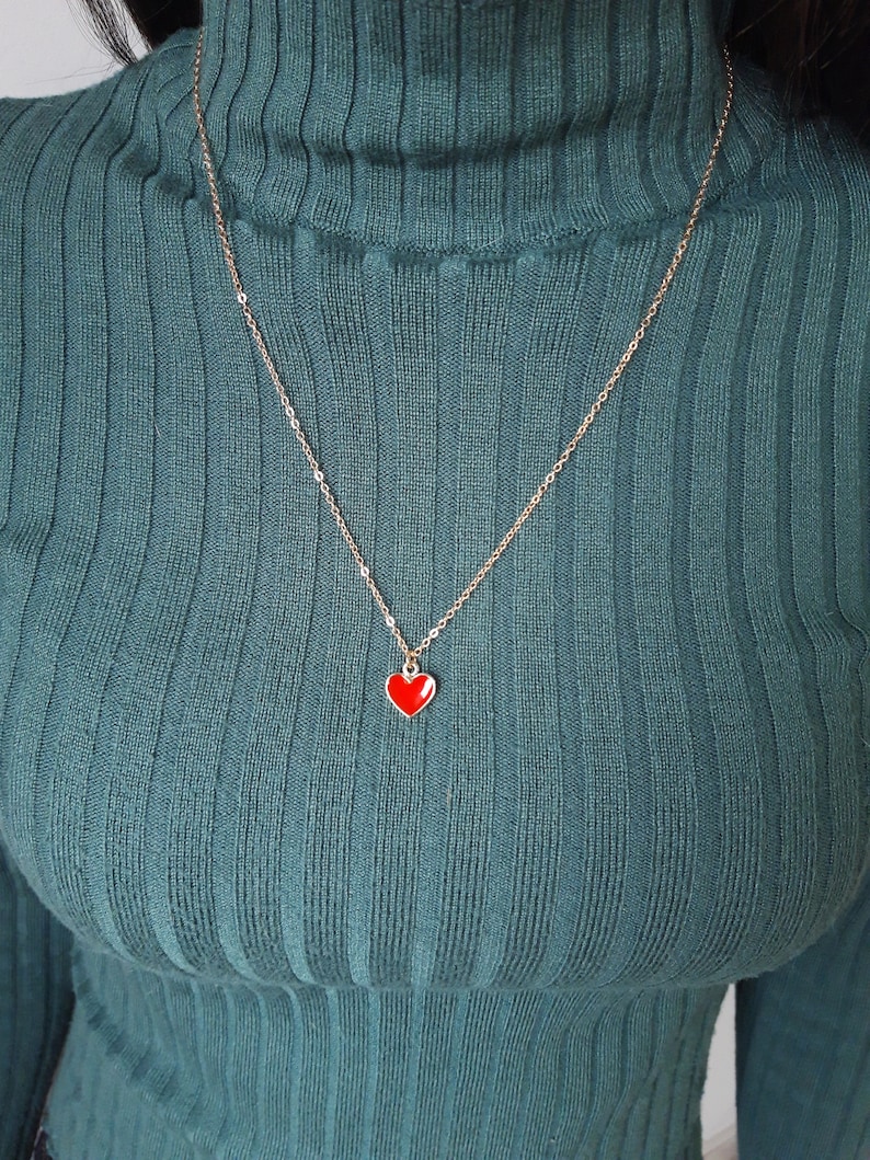 Red heart necklace, enamel heart pendant, lovers jewelry, small gold heart necklace, valentines gift image 4