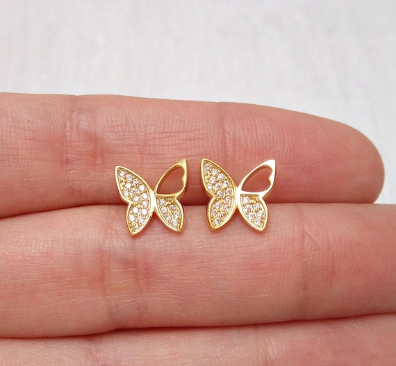 Dainty Gold Butterfly Earrings With Zirconia Pave Gold Earrings