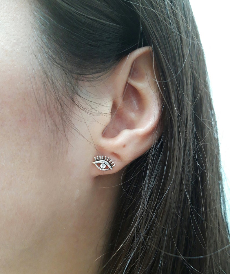 minimalist silver stud for womens Tiny stud eye earrings Sterling silver eye earrings evil eye jewelry with zirconia