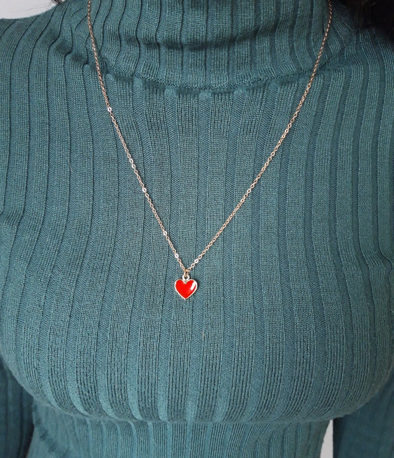 Red heart necklace, enamel heart pendant, lovers jewelry, small gold heart necklace, valentines gift image 7