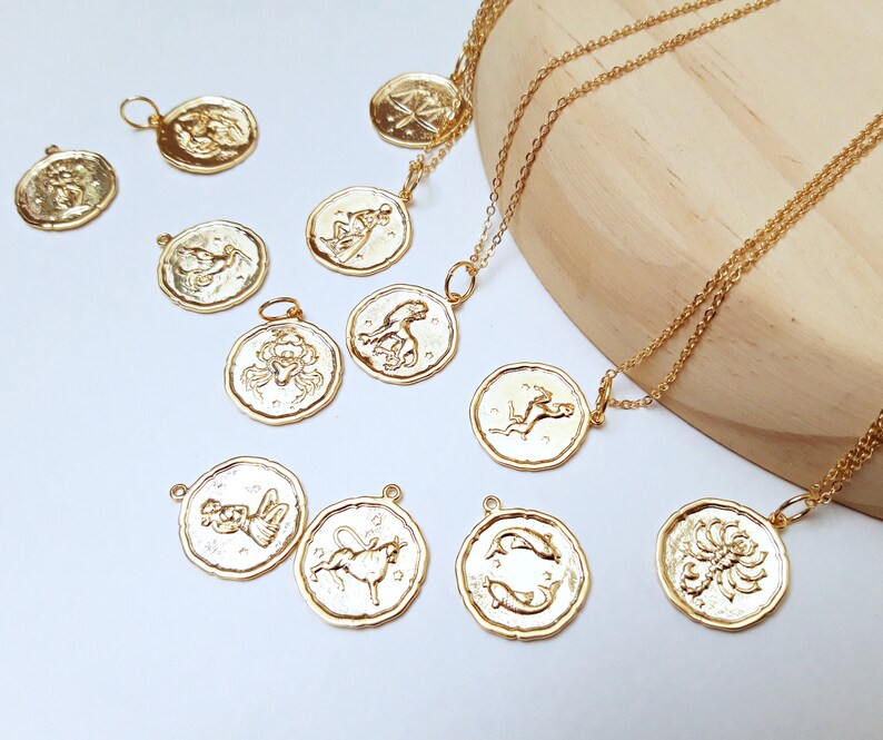 Zodiac Sign Gold Necklace Zodiac Sign Coin Pendant Dainty Etsy