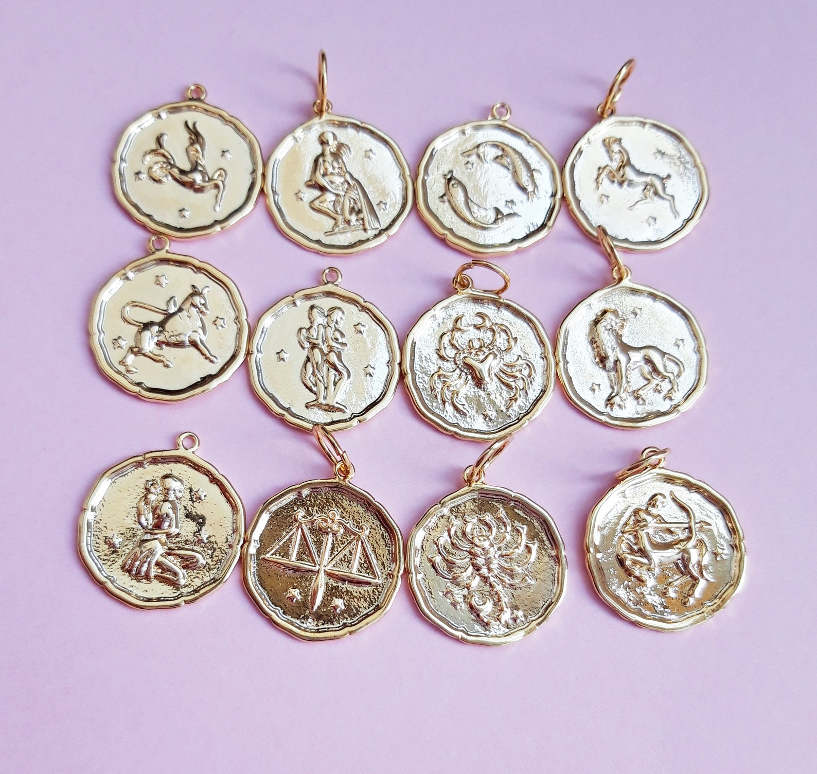 Zodiac Sign Gold Necklace Zodiac Sign Coin Pendant Dainty Etsy