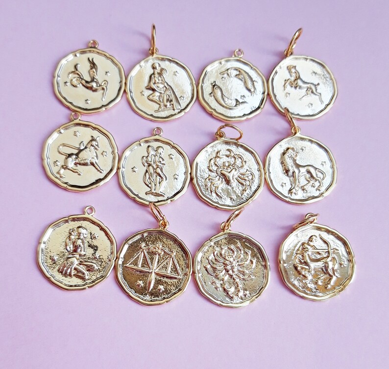 Zodiac Sign Gold Necklace Zodiac Sign Coin Pendant Dainty Etsy