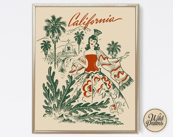 May include: A vintage illustration of a woman in a red and green dress with the text "California" above her. The woman is standing in front of a church with palm trees in the background.