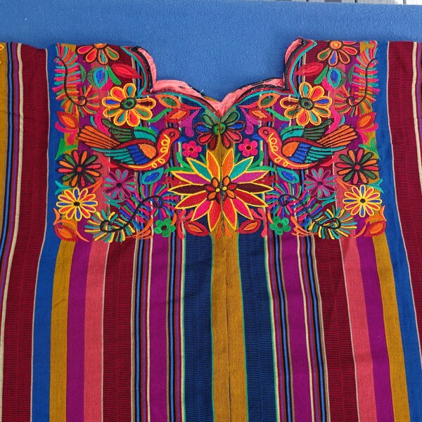 Colorful Huipil - striped fabric, embroidered birds and flowers, traditional Guatemala 33.5" wide x 23.5" tall