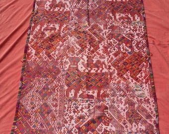 Hand Embroidered Guatemalan Tapestry: Red Mayan Rug with Bewildered Cows