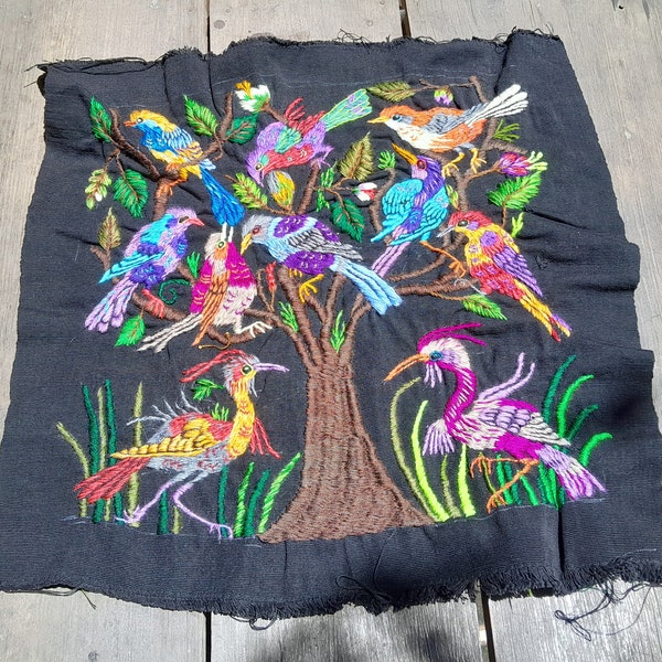 Quilt panel - hand embroidered tree full of birds for sewing project 18" x 18" - black fabric