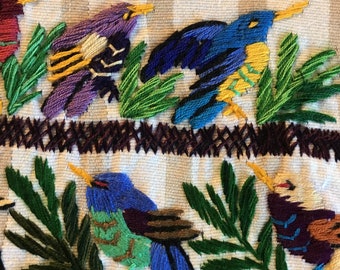 Quilt Panel or Centerpiece - Hand Embroidered Birds on White with stripes fabric - Guatemala