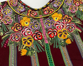 Vintage Floral Embroidered Huipil: Handwoven Burgundy Striped Fabric
