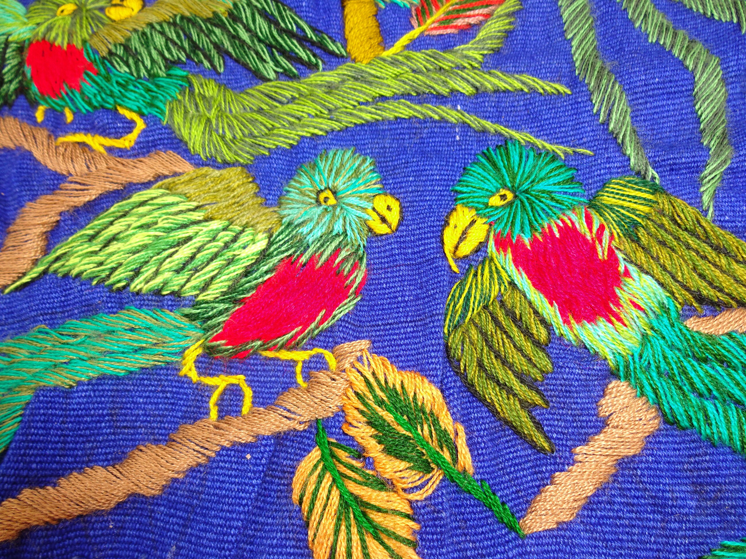 Quetzal Party Quilt Panel or Centerpiece Embroidered Birds on blue fabric 16 x 16 Guatemala