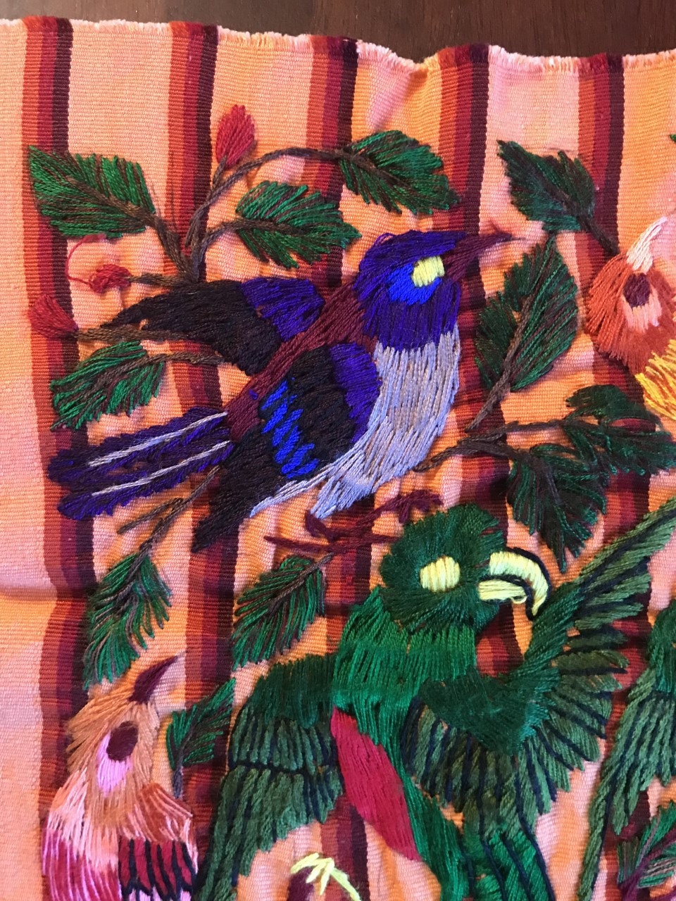 Quilt Panel or Centerpiece - Hand Embroidered Birds on Orange Striped Fabric - Guatemala