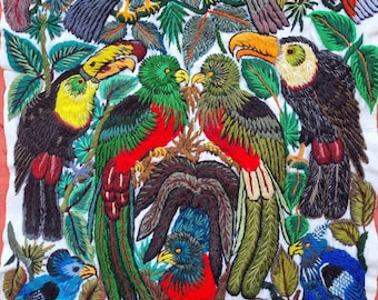 Quetzals and bird friends - hand embroidered piece for quilts or sewing projects