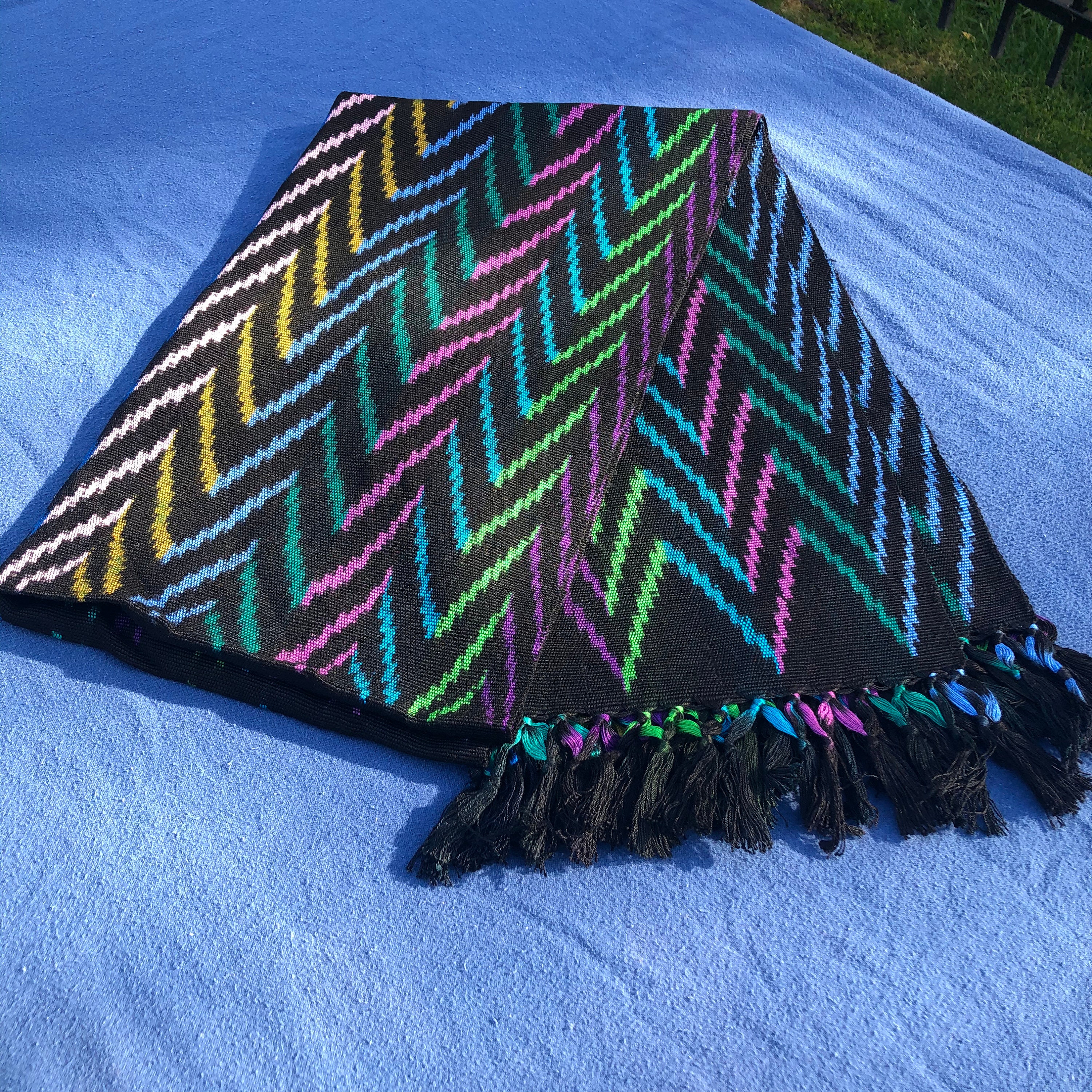 Cotton Shawl, Black With Blue, Pink, Green and Yellow Zig