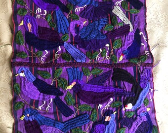 Quilt Panel or Centerpiece - Hand Embroidered Birds on Purple Fabric - Guatemala