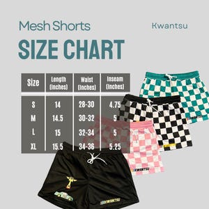 May include: Size chart for mesh shorts in sizes S, M, L, and XL. The chart shows the length, waist, and inseam measurements in inches. The shorts are available in black, pink, and green checkered patterns.