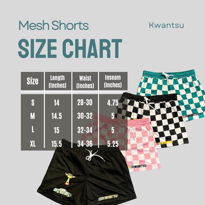 May include: Size chart for mesh shorts in sizes S, M, L, and XL. The chart shows the length, waist, and inseam measurements in inches. The shorts are available in black, pink, and green checkered patterns.