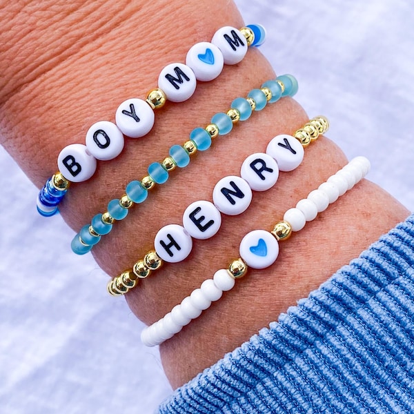Bracelet maman bleu, bracelet maman garçon, bracelet maman garçon, bracelet maman bleu garçon, bracelet de perles, bracelets en or 18 carats, cadeau pour maman, cadeau fête des mères