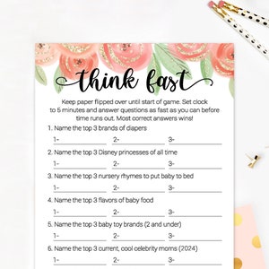 Baby Shower Think Fast Baby Shower Trivia Baby Shower Game, Gold and Pink Roses Girl Baby Shower  Printable Baby Shower Game