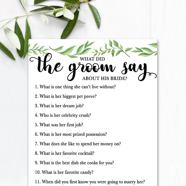 What Did the Groom Say About his Bride / What did the Groom Say  / Bridal Shower Game / Greenery / Bride or Groom / Groom Shower Game