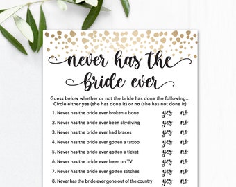 Never Has She Ever / Bridal Shower Game / Never Has the Bride Ever / Bridal Shower Games / Never Has She Ever Game / Bridal Trivia / Gold