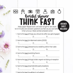 Bridal Shower Trivia Game Think Fast Bridal Shower Game Timed Bridal Shower Game Wedding Trivia Game Bridal Shower Game Trivia Bride Trivia