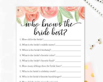 Instant Download Who Knows the Bride Best Game / Blush Pink and Gold Glitter / Who Knows the Bride / Bridal Shower Games / Pink Shower Games