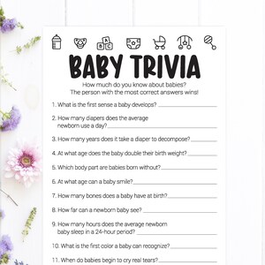 Baby Shower Trivia Baby Shower Game, Simple Black and White Boy Girl Gender Neutral Printable Baby Shower Game