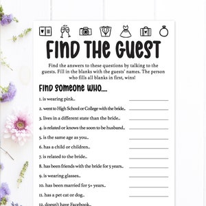 Find the Guest Bridal Shower Game / Bridal Shower Games / Find the Guest Game / Get to Know the Guests Game / Find the Guest Bingo