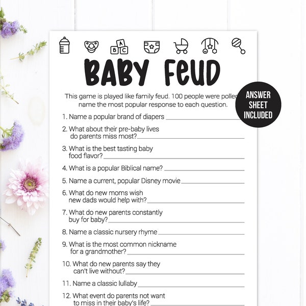 Baby Shower Feud Baby Family Feud Baby Shower Game, Simple Black and White Boy Girl Gender Neutral Printable Baby Shower Game