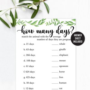Animal Gestation Game / Guess Animal Pregnancy Length / How Many Days / Baby Shower Game / Greenery Baby Shower / Baby Animals Game / Rustic