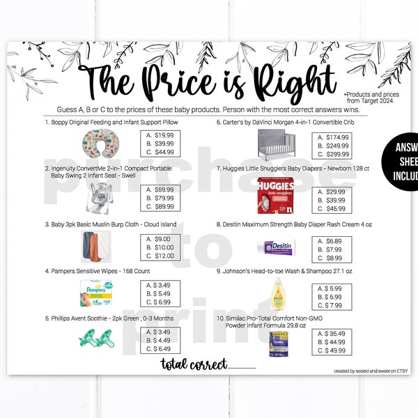 Price Is Right Game / Price Is Right Baby Shower Games / Baby Shower Price Is Right / Guess the Prices of Baby Items / Price Guessing Game