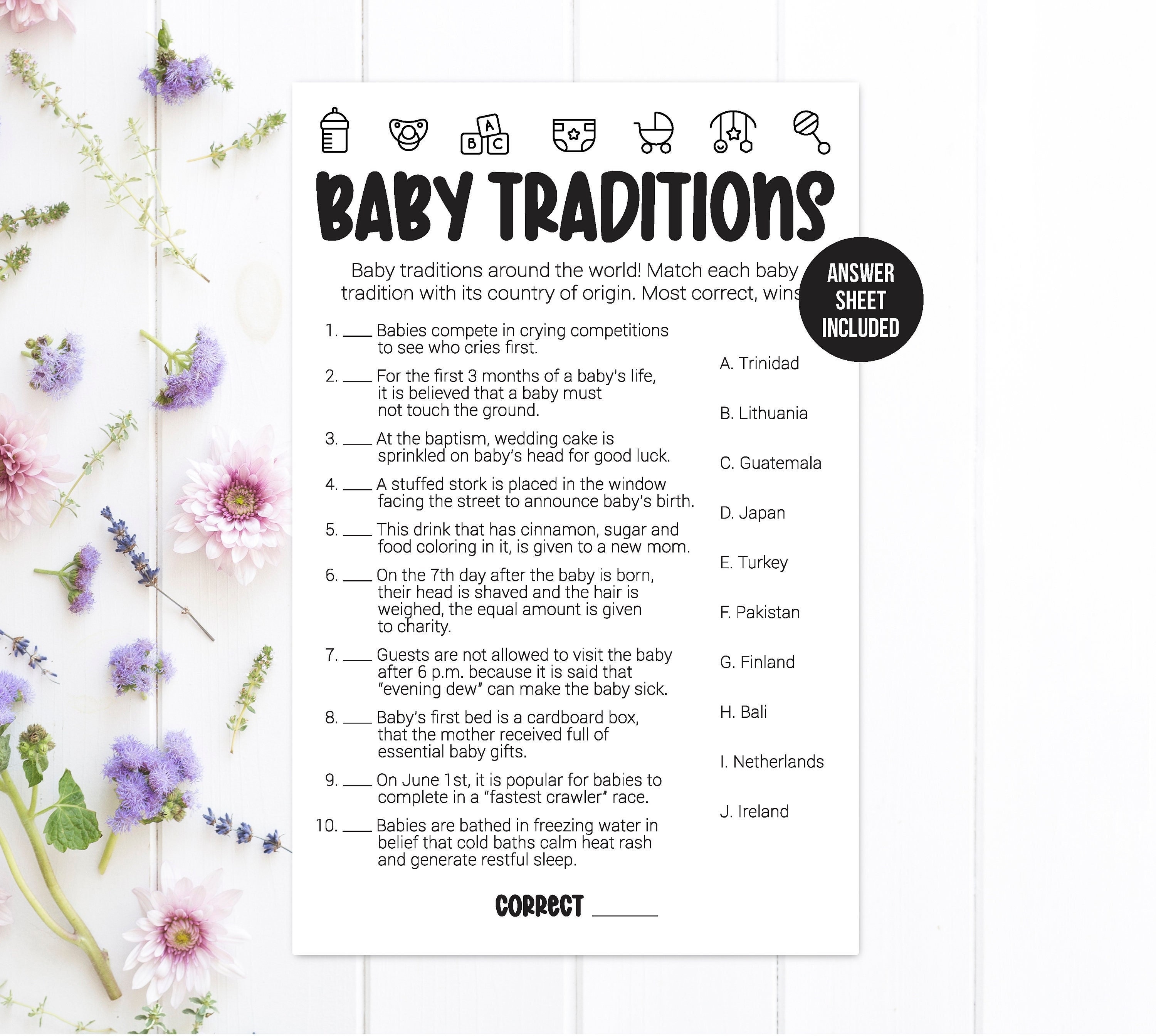 Baby Traditions Around the World Baby Shower Game Simple Black