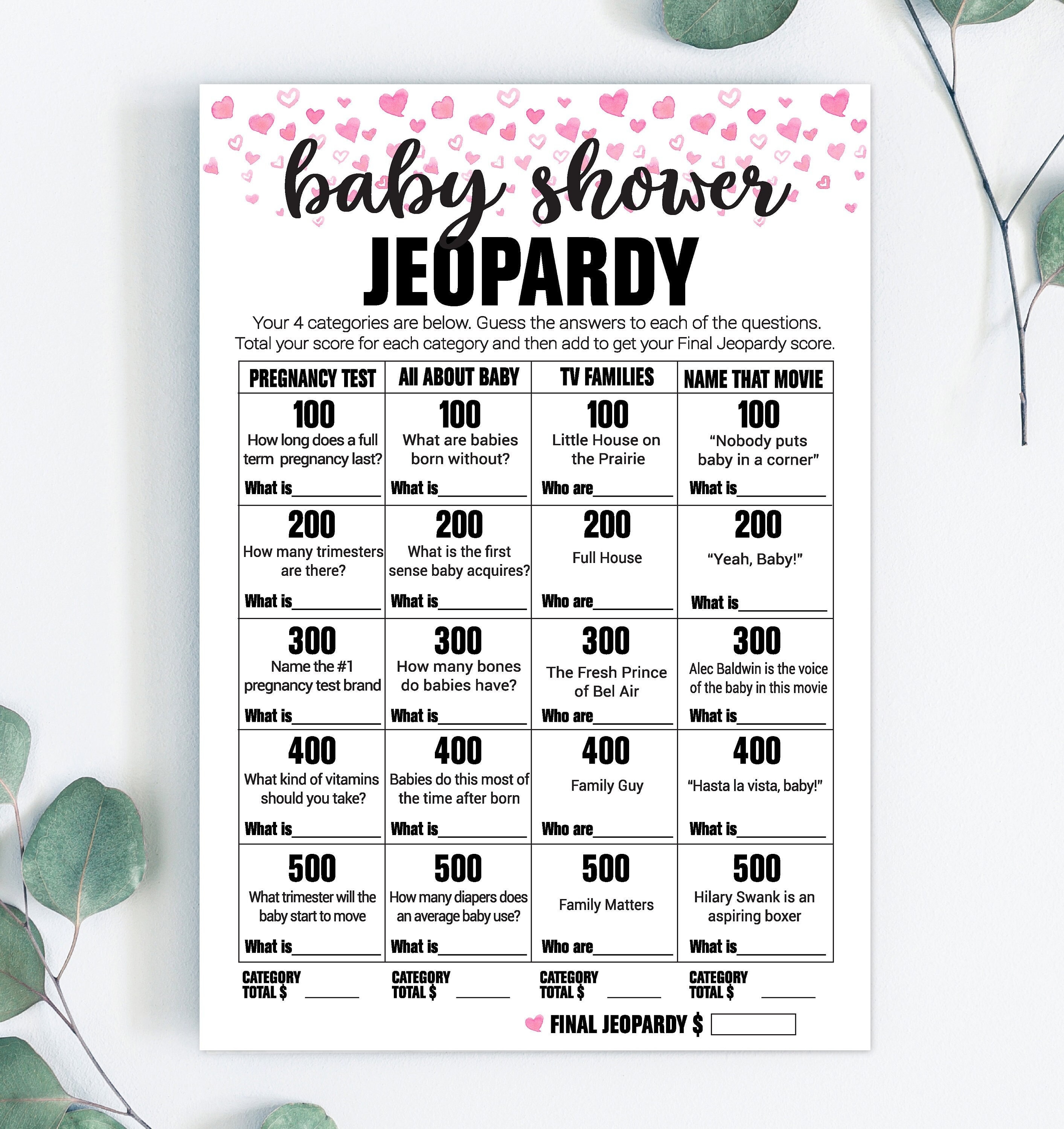 Baby Shower Jeopardy / Baby Jeopardy / Baby Trivia / Baby Girl -