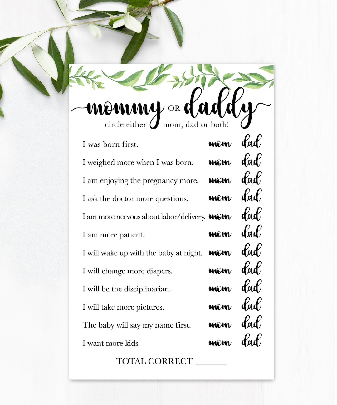 Mommy or Daddy Game / Mom or Dad Game / Baby Shower Games / Greenery