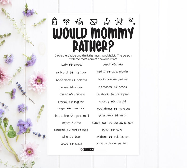Would Mommy Rather Would She Rather Baby Shower Game, Simple Black and