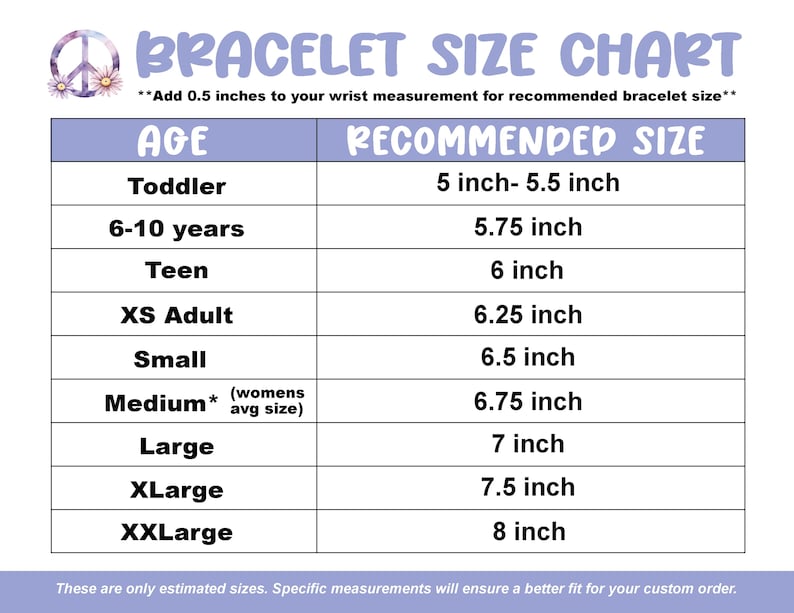 K&ouml;nnte beinhalten: Armband-Gr&ouml;&szlig;entabelle mit Alterskategorien und empfohlenen Gr&ouml;&szlig;en in Zoll. Die Gr&ouml;&szlig;en reichen von 12,7 cm bis 20,3 cm. Enth&auml;lt einen Hinweis, 1,3 cm zur Handgelenkmessung hinzuzuf&uuml;gen.