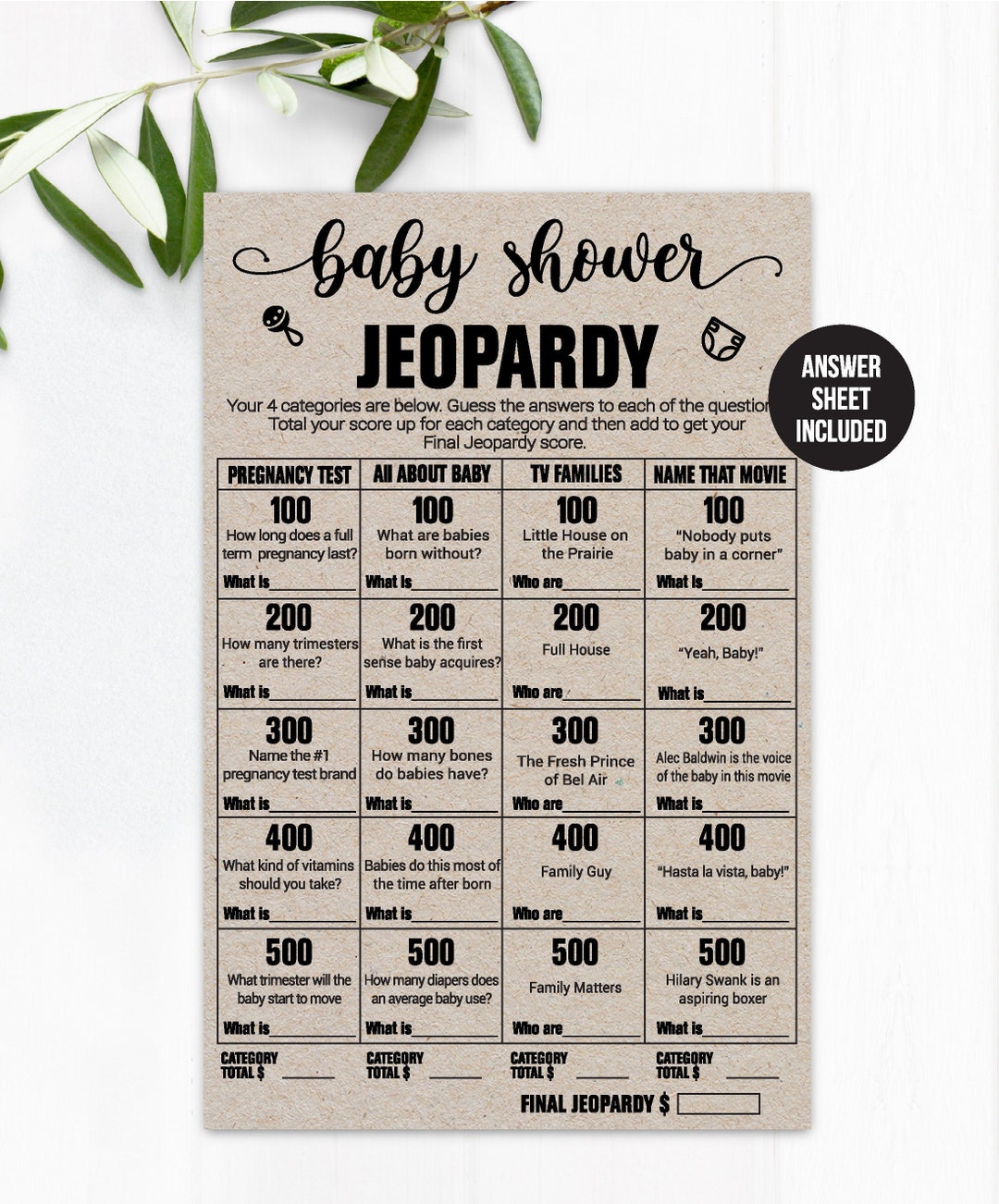 Baby Shower Jeopardy / / Shower / Baby - Etsy