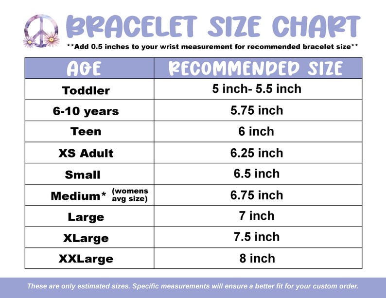 Pode incluir: Uma tabela de tamanhos de pulseiras com fundo roxo claro e texto branco. A tabela lista grupos de idade de crian&ccedil;a pequena a XXLarge, com os tamanhos de pulseira recomendados correspondentes em polegadas, variando de 12,7 cm a 20,3 cm. O texto "BRACELET SIZE CHART" est&aacute; no topo.