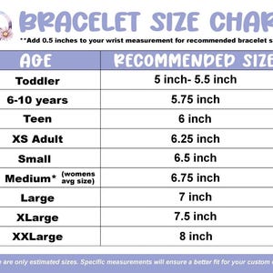 May include: A bracelet size chart with a light purple and white color scheme. The chart includes age ranges from toddler to XXLarge, with corresponding recommended bracelet sizes in inches. The text at the top reads "BRACELET SIZE CHART".