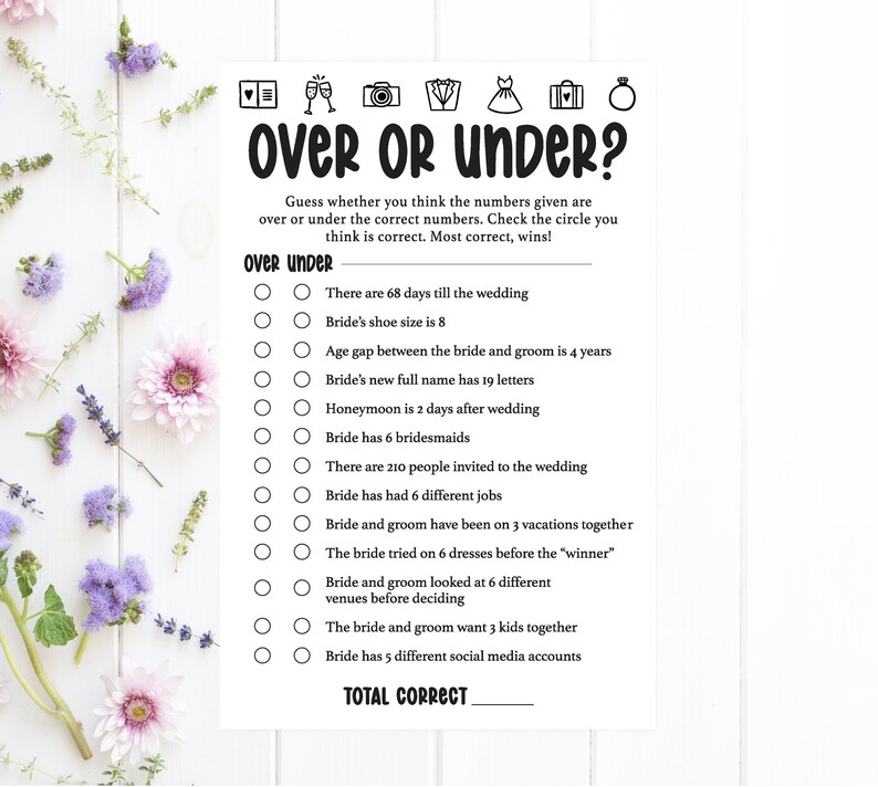 Over or Under Bridal Shower Game / Bridal Shower Games / Over or Under ...