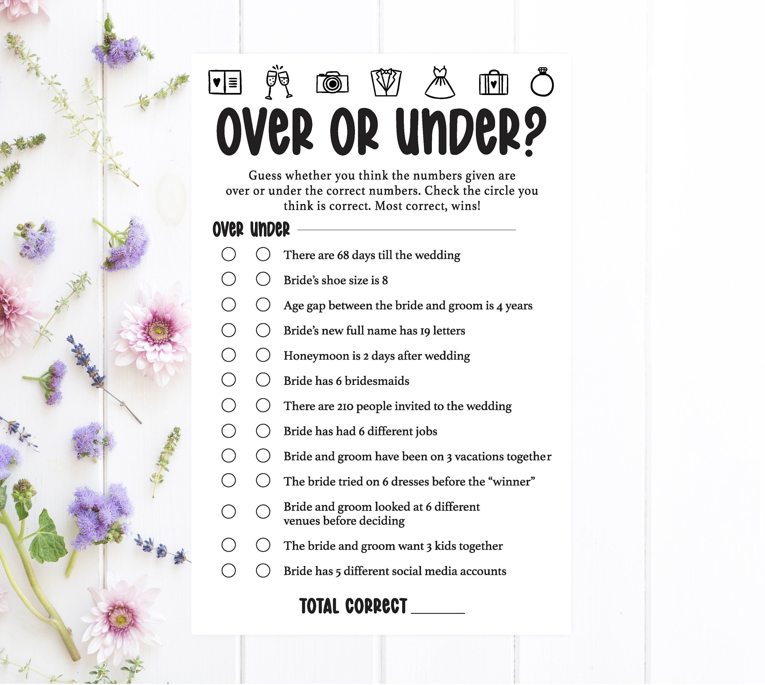 Over or Under Bridal Shower Game / Bridal Shower Games / Over or Under ...