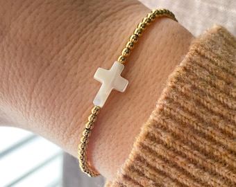 Mini Cross Bracelet / 18k Gold Filled Beads for no tarnish / Natural Shell Cross with 3mm Gold Beads / Gold Cross Bracelet White Cross Faith