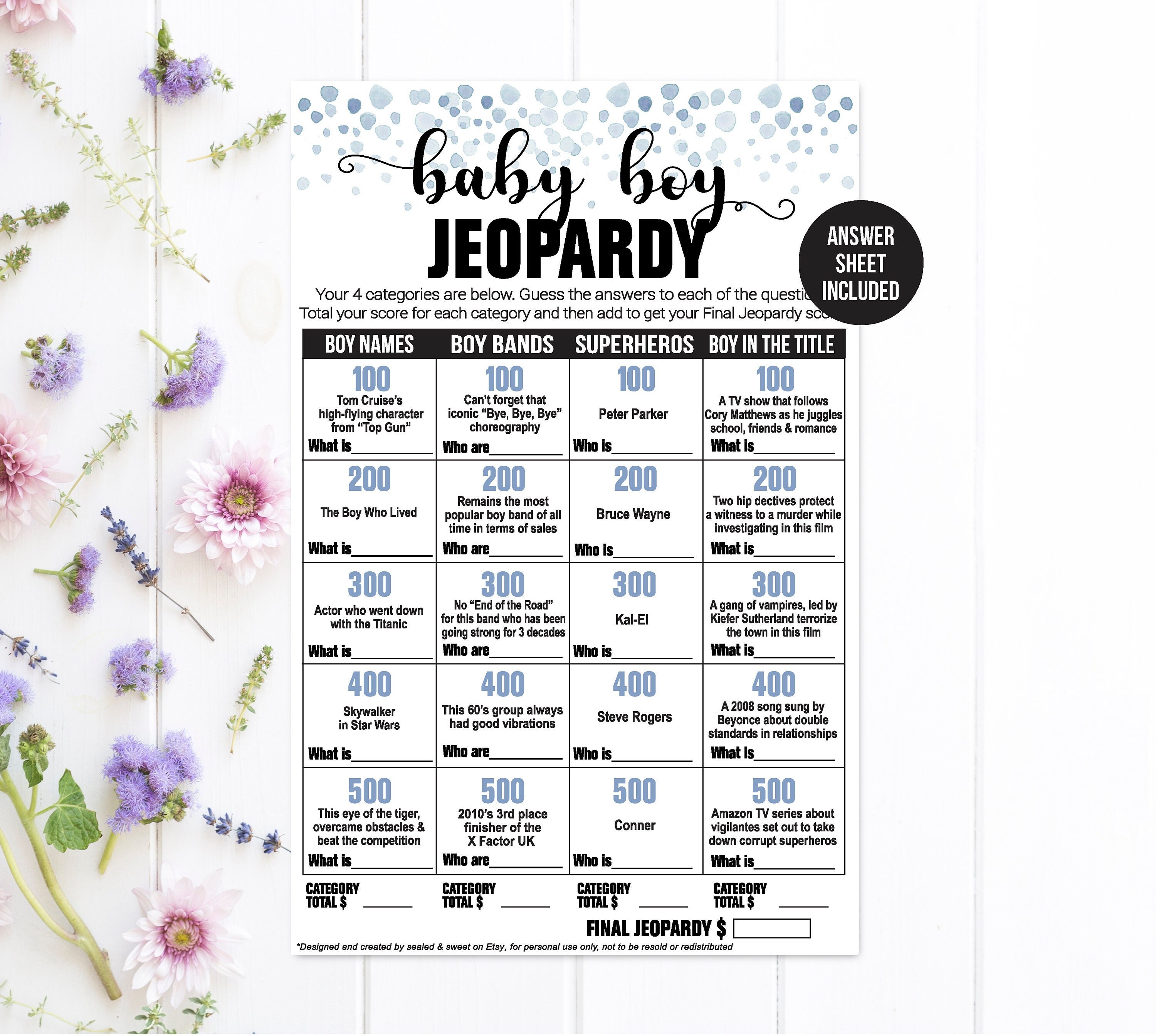 Baby Boy Jeopardy / Boy Jeopardy Game / Baby Trivia Game / Baby